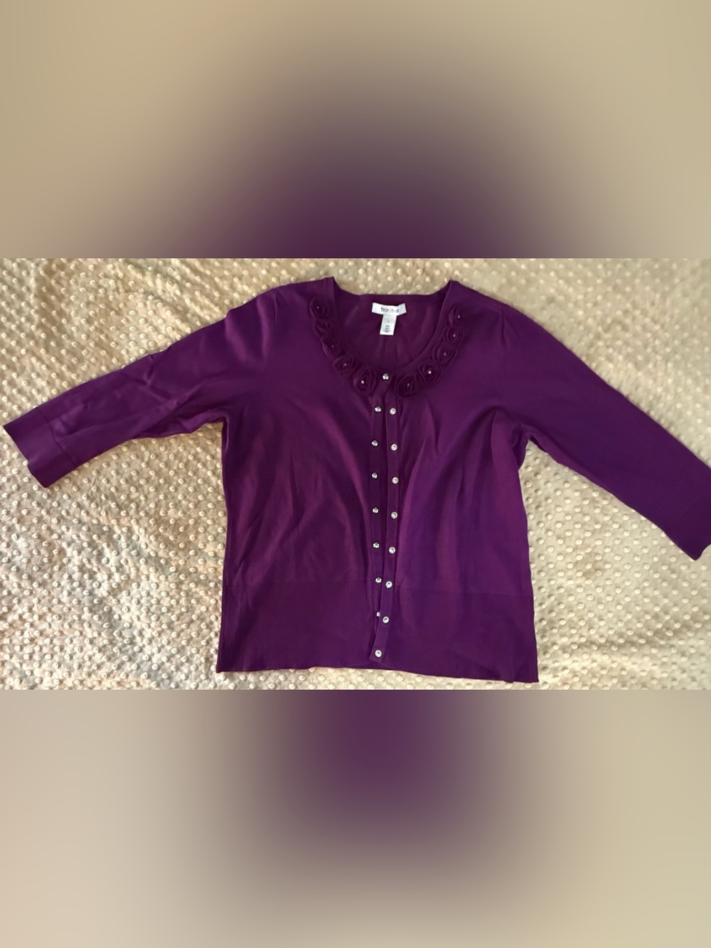 White House Black Market Purple Floral-Trim Pearl Button Cardigan